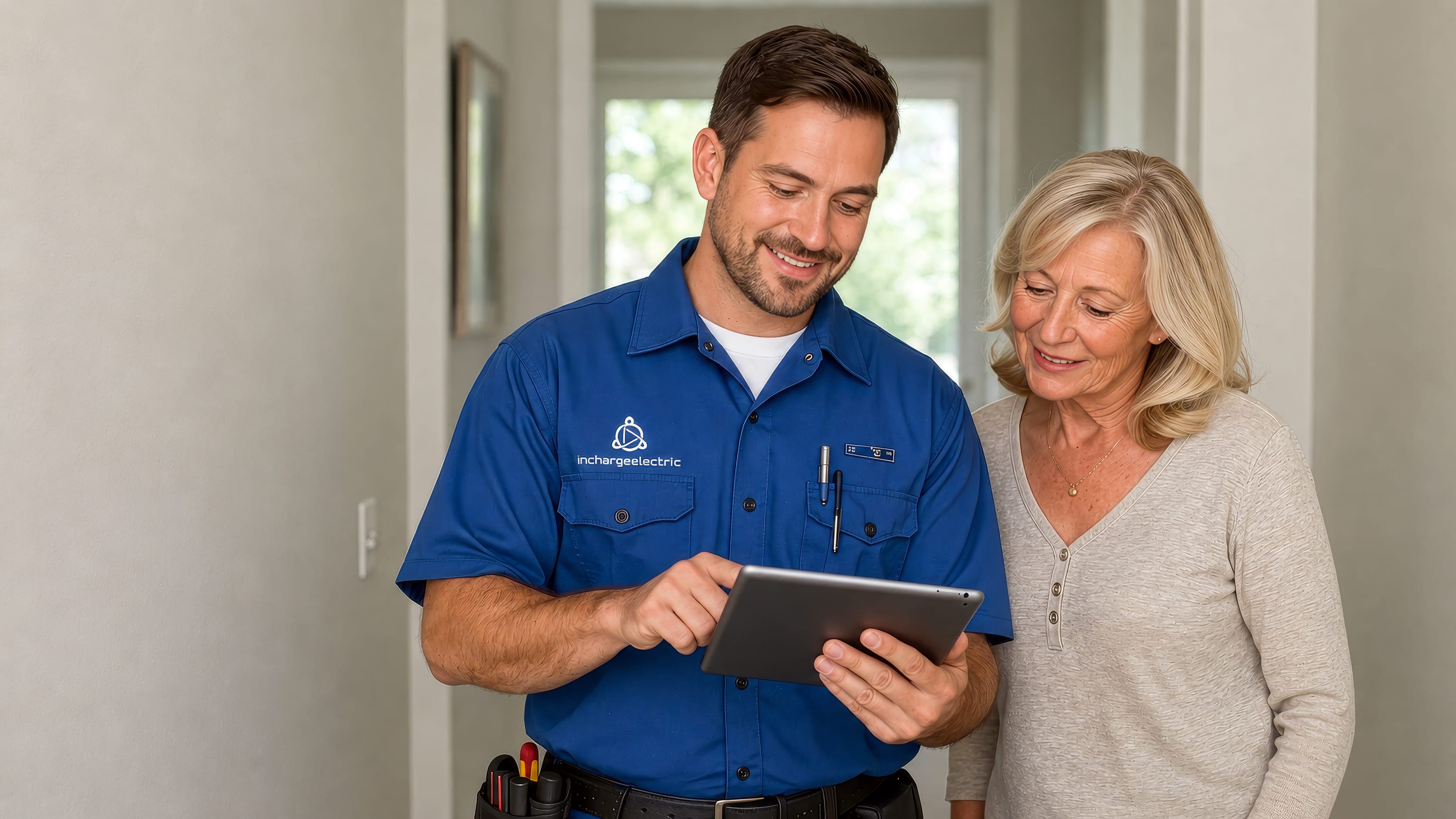 An electrician discussing an estimate with a homeowner